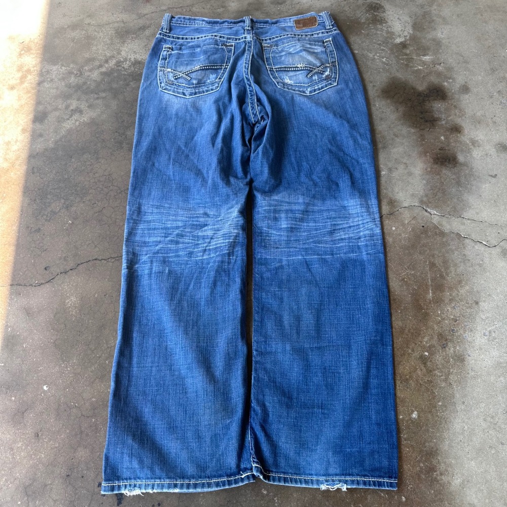 BKE Seth Jeans Mens 36x34 Blue Good Straight Leg Distressed Whiskered Denim